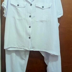 White Button-Front Wide-Leg Pantsuit